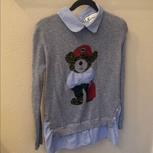 Grey Sweater with Striped Shirt Panel & Bear Graphic